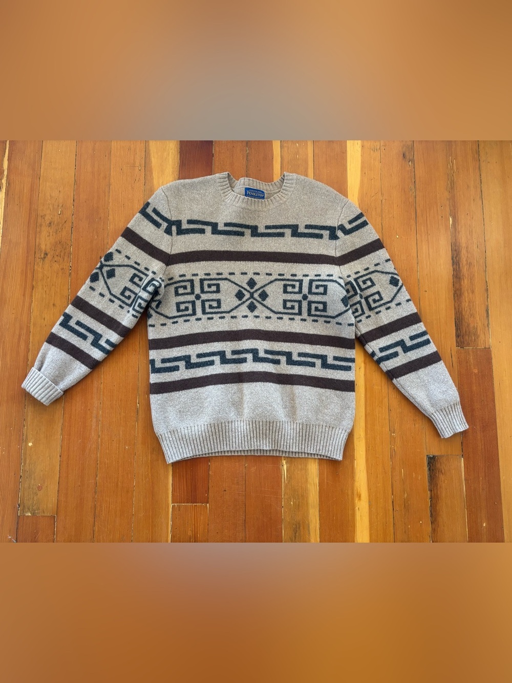 Pendleton Beige Crewneck Sweater with Navy & Brown Geometric Stripes